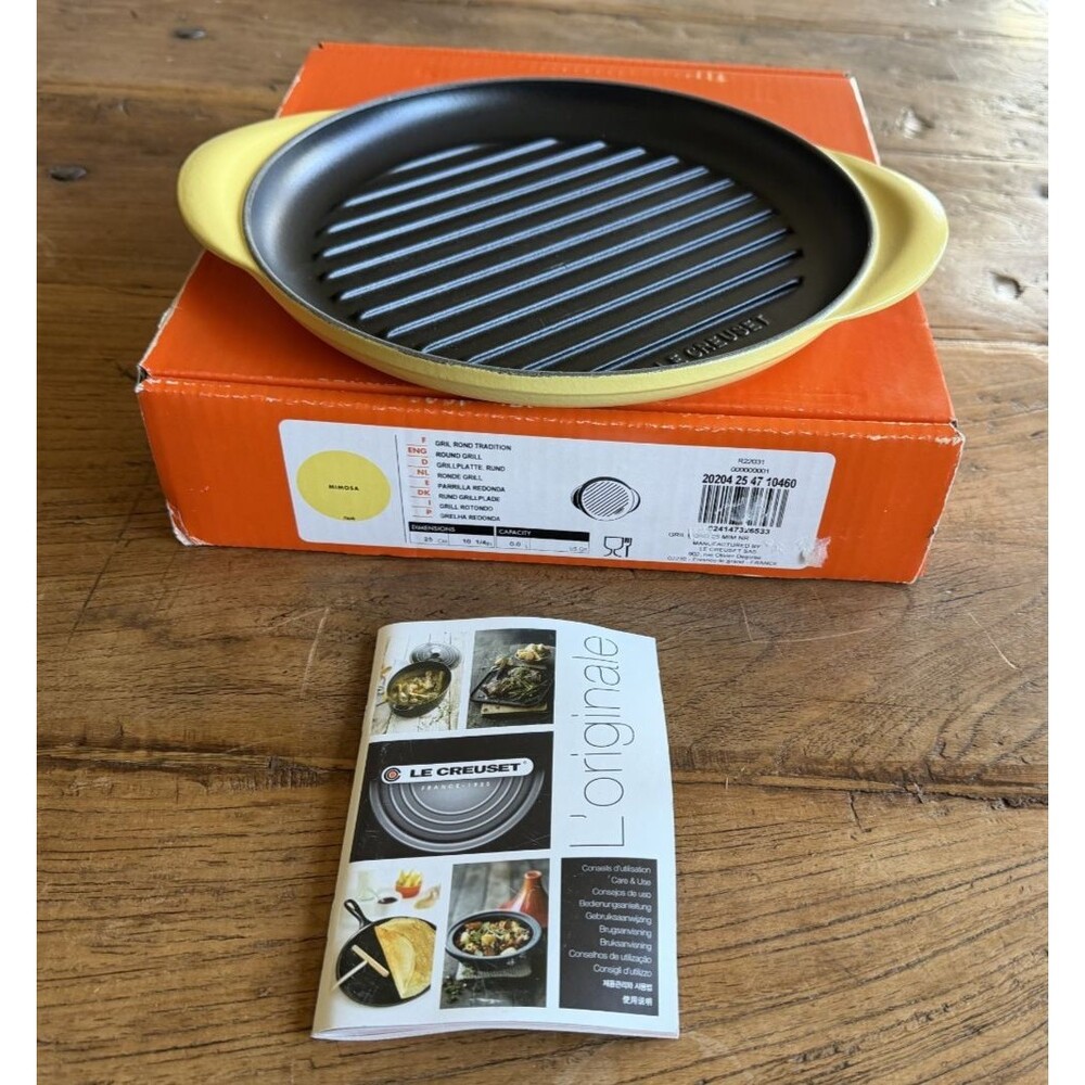 Le Creuset Enameled Cast Iron Round Grill Plate 25 cm 10.25 in Mimosa Yellow NEW